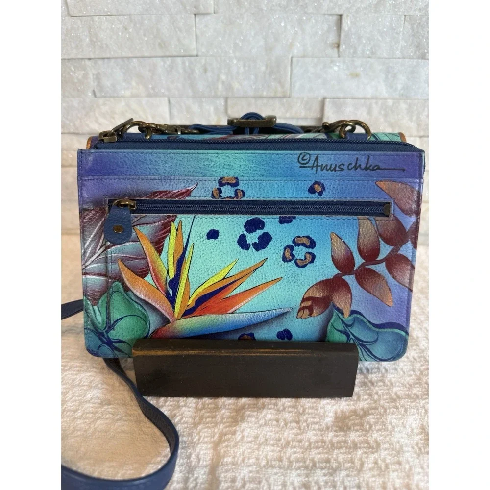 Anuschka Tropical Paradise Blue & Purple Multi Pocket Crossbody Purse
